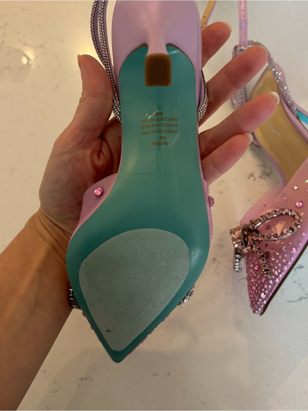 Betsey Johnson Drea Pumps in lilac, featuring a sparkling rhinestone bow and cry - Picture 3 of 3
